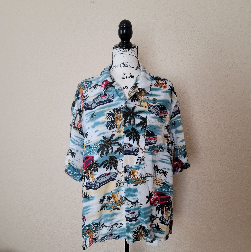 Islander Hawaiian Car Print Button Down, Size 2XL